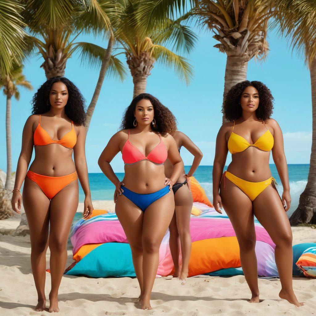 A beautifully designed beach scene with a diverse group of individuals showcasing sensual swimwear and lingerie that highlights different body types. Include vibrant beach elements like sun, waves, and palm trees, with an inviting and intimate ambiance transitioning from the beach to a cozy bedroom. Emphasize textures and colors of the fabrics, as well as body confidence and empowerment. super-realistic. vibrant colors. soft focus.